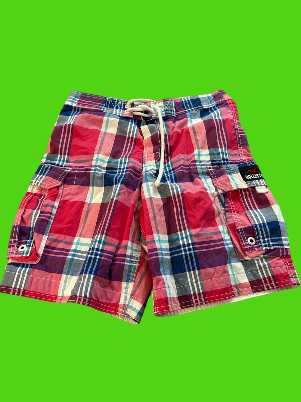 Hollister Red and Blue Plaid Cargo Swim Shorts